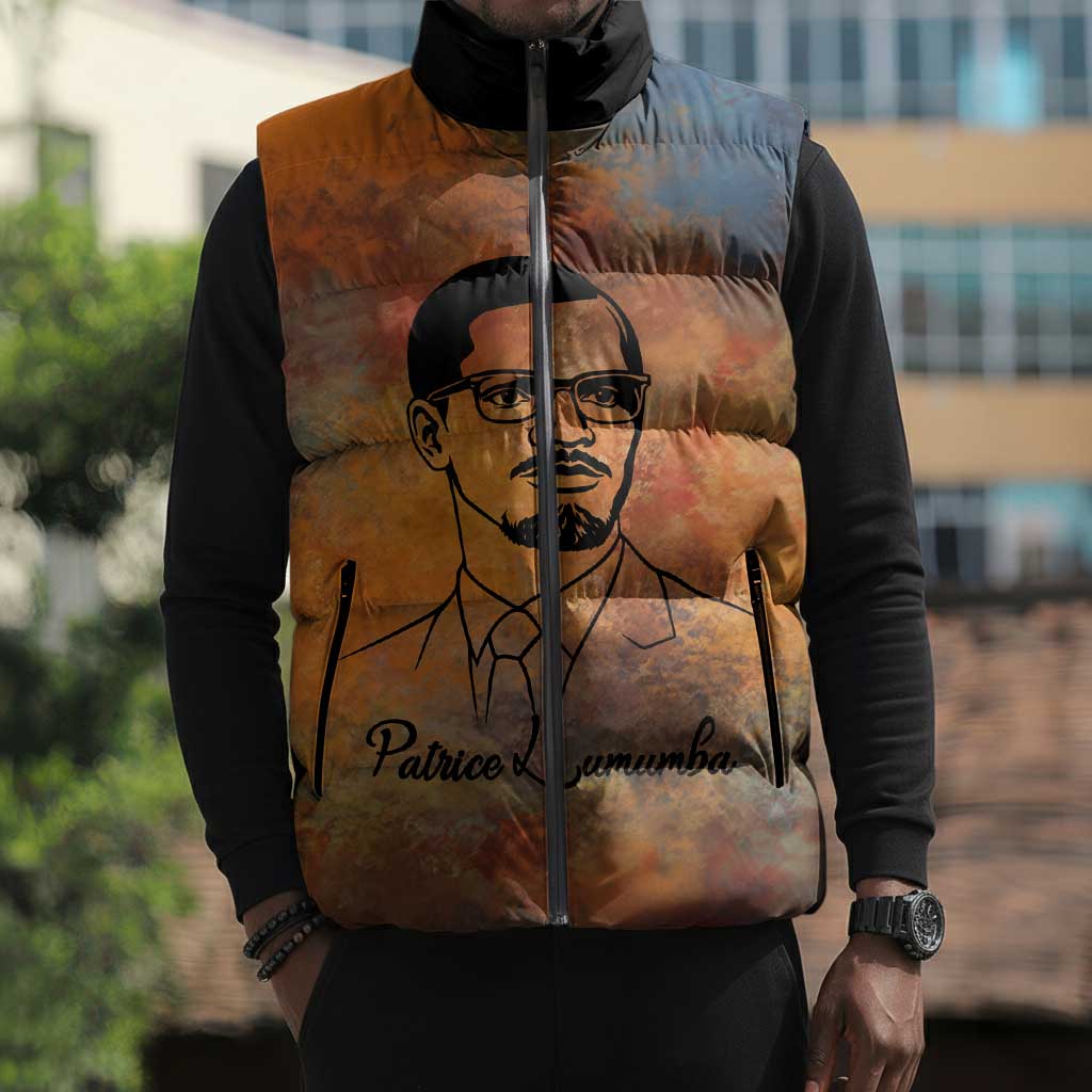Patrice Lumumba Sleeveless Puffer Jacket with Line Art Portrait and Truth Cannot Be Killed Inspirational Quote - African Pride