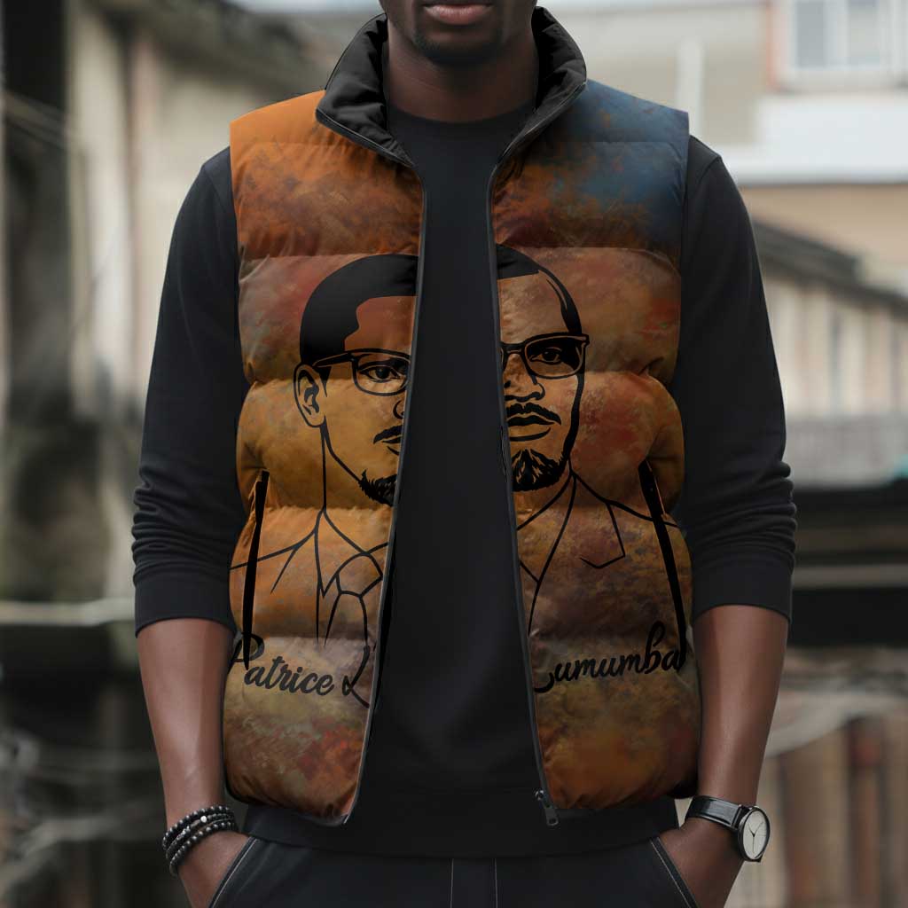 Patrice Lumumba Sleeveless Puffer Jacket with Line Art Portrait and Truth Cannot Be Killed Inspirational Quote - African Pride