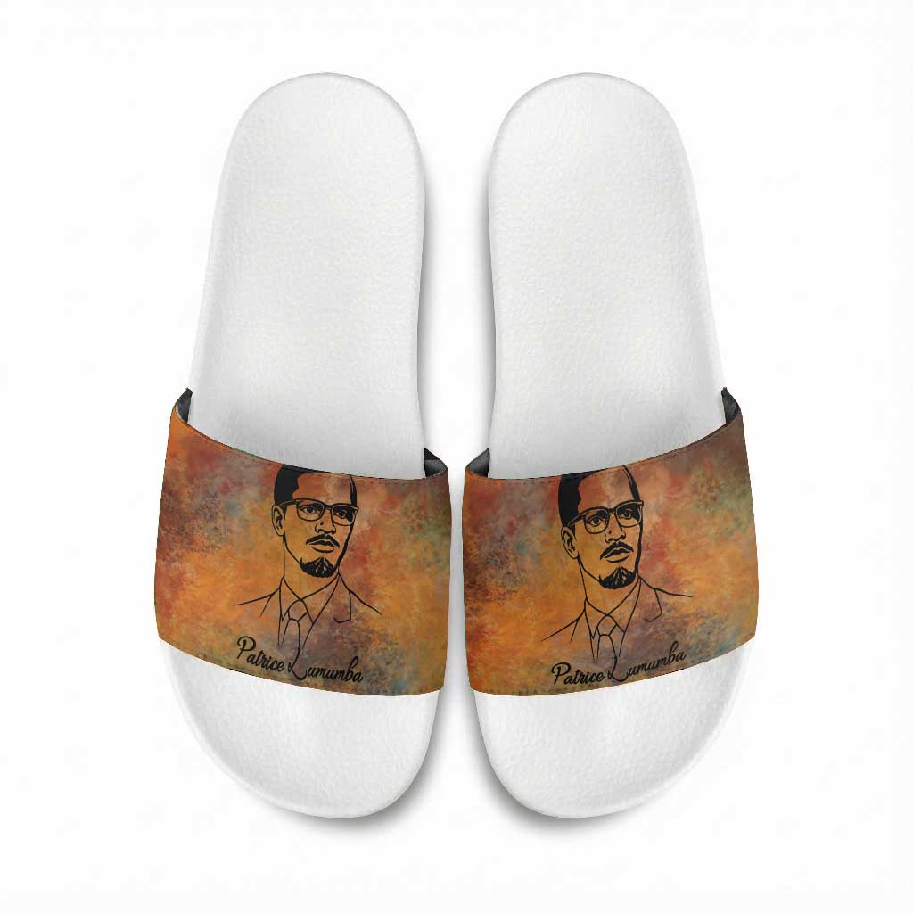Patrice Lumumba Slide Sandals with Line Art Portrait and Truth Cannot Be Killed Inspirational Quote - African Pride