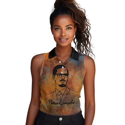 Patrice Lumumba Women Sleeveless Polo Shirt with Line Art Portrait and Truth Cannot Be Killed Inspirational Quote - African Pride