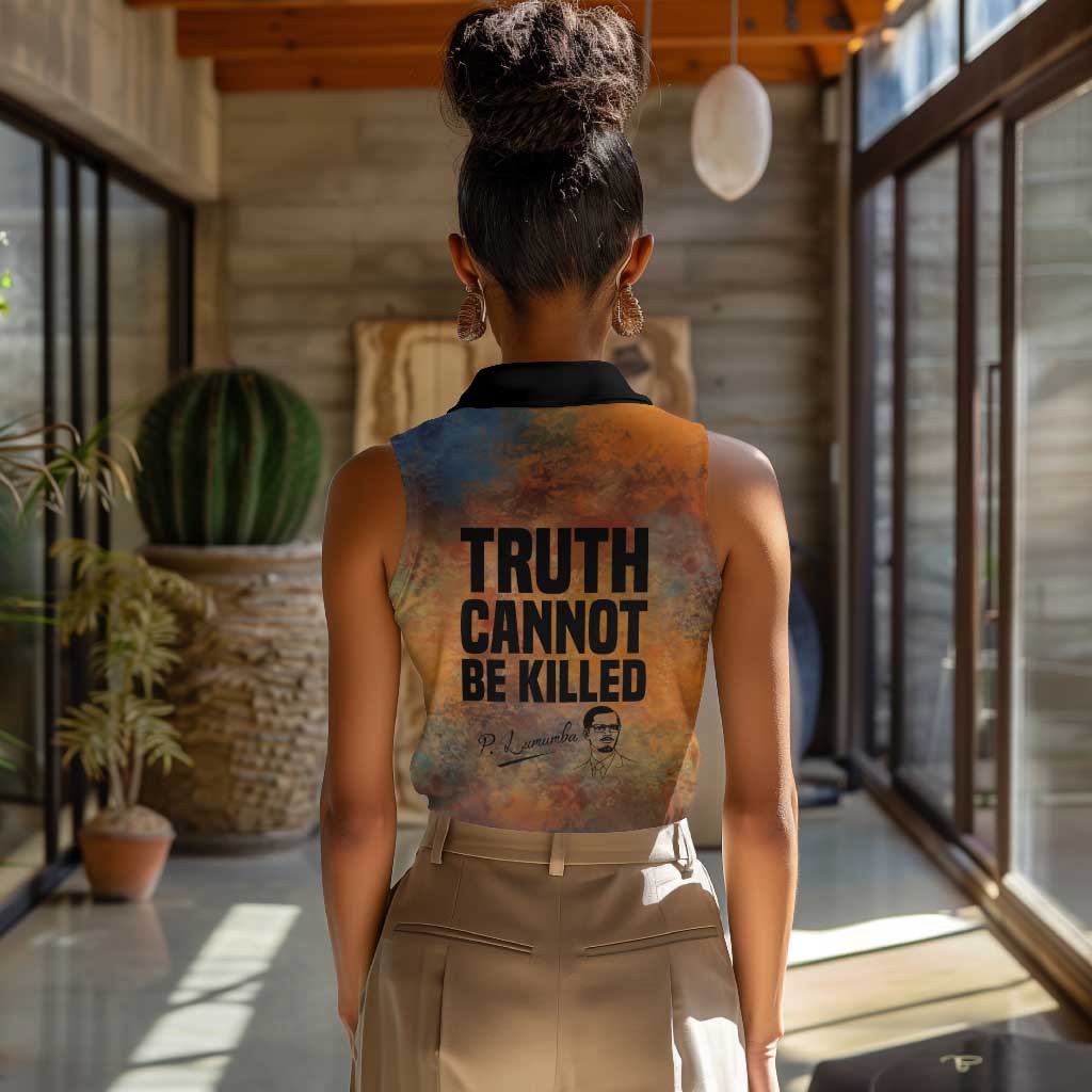 Patrice Lumumba Women Sleeveless Polo Shirt with Line Art Portrait and Truth Cannot Be Killed Inspirational Quote - African Pride