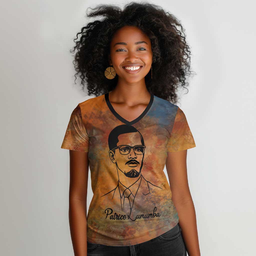 Patrice Lumumba Women V-Neck T-Shirt with Line Art Portrait and Truth Cannot Be Killed Inspirational Quote - African Pride