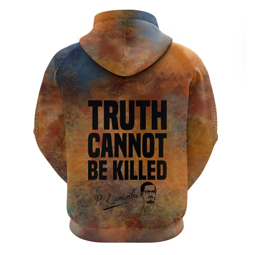 Patrice Lumumba Zip Hoodie with Line Art Portrait and Truth Cannot Be Killed Inspirational Quote - African Pride