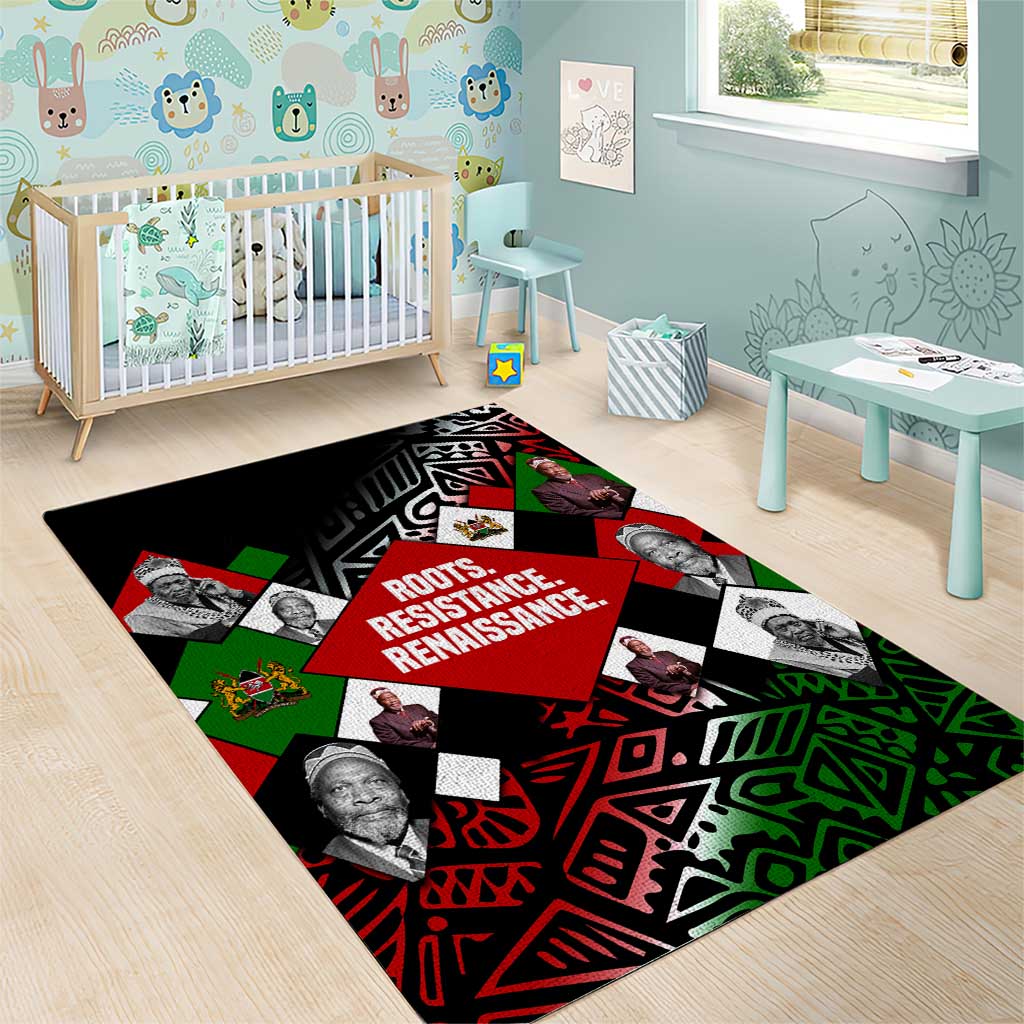 Jomo Kenyatta Area Rug with Roots Resistance Renaissance and Kenyan Patchwork Pattern Tribute - African Pride