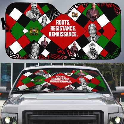 Jomo Kenyatta Auto Sun Shade with Roots Resistance Renaissance and Kenyan Patchwork Pattern Tribute - African Pride