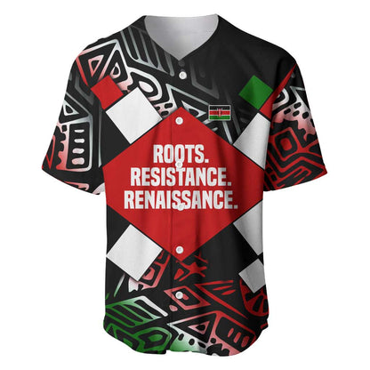 Jomo Kenyatta Baseball Jersey with Roots Resistance Renaissance and Kenyan Patchwork Pattern Tribute - African Pride