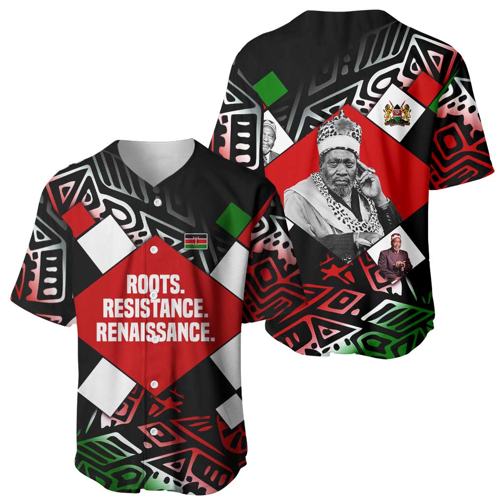 Jomo Kenyatta Baseball Jersey with Roots Resistance Renaissance and Kenyan Patchwork Pattern Tribute - African Pride