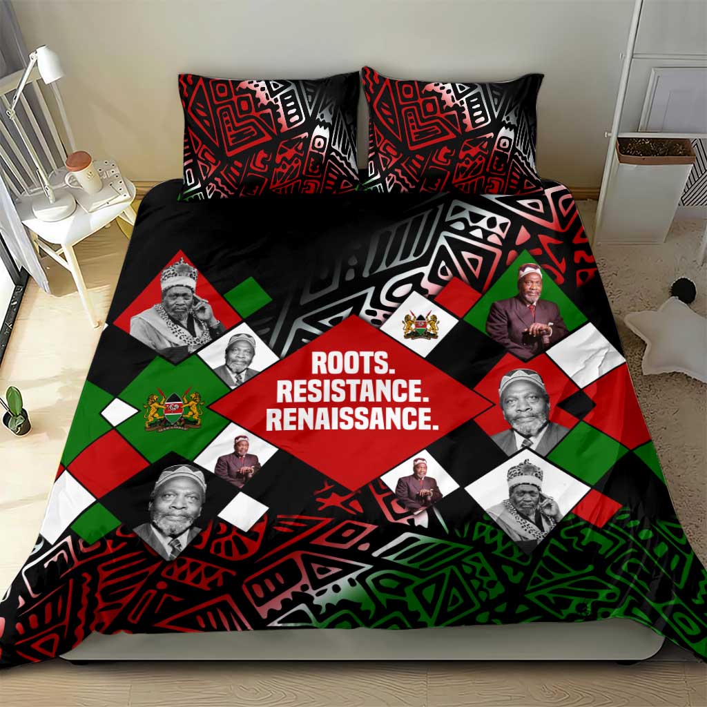 Jomo Kenyatta Bedding Set with Roots Resistance Renaissance and Kenyan Patchwork Pattern Tribute - African Pride