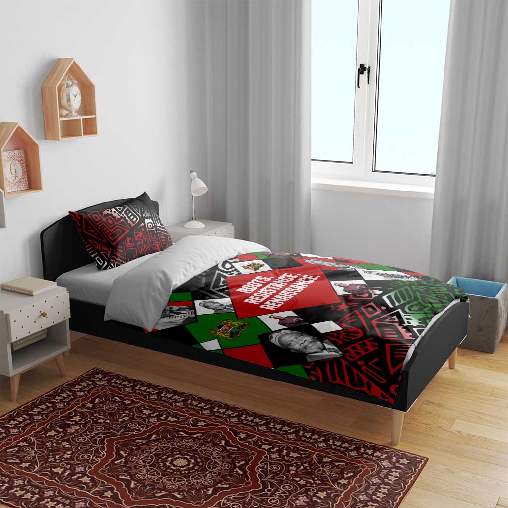 Jomo Kenyatta Bedding Set with Roots Resistance Renaissance and Kenyan Patchwork Pattern Tribute - African Pride