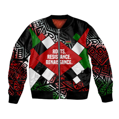 Jomo Kenyatta Bomber Jacket with Roots Resistance Renaissance and Kenyan Patchwork Pattern Tribute - African Pride