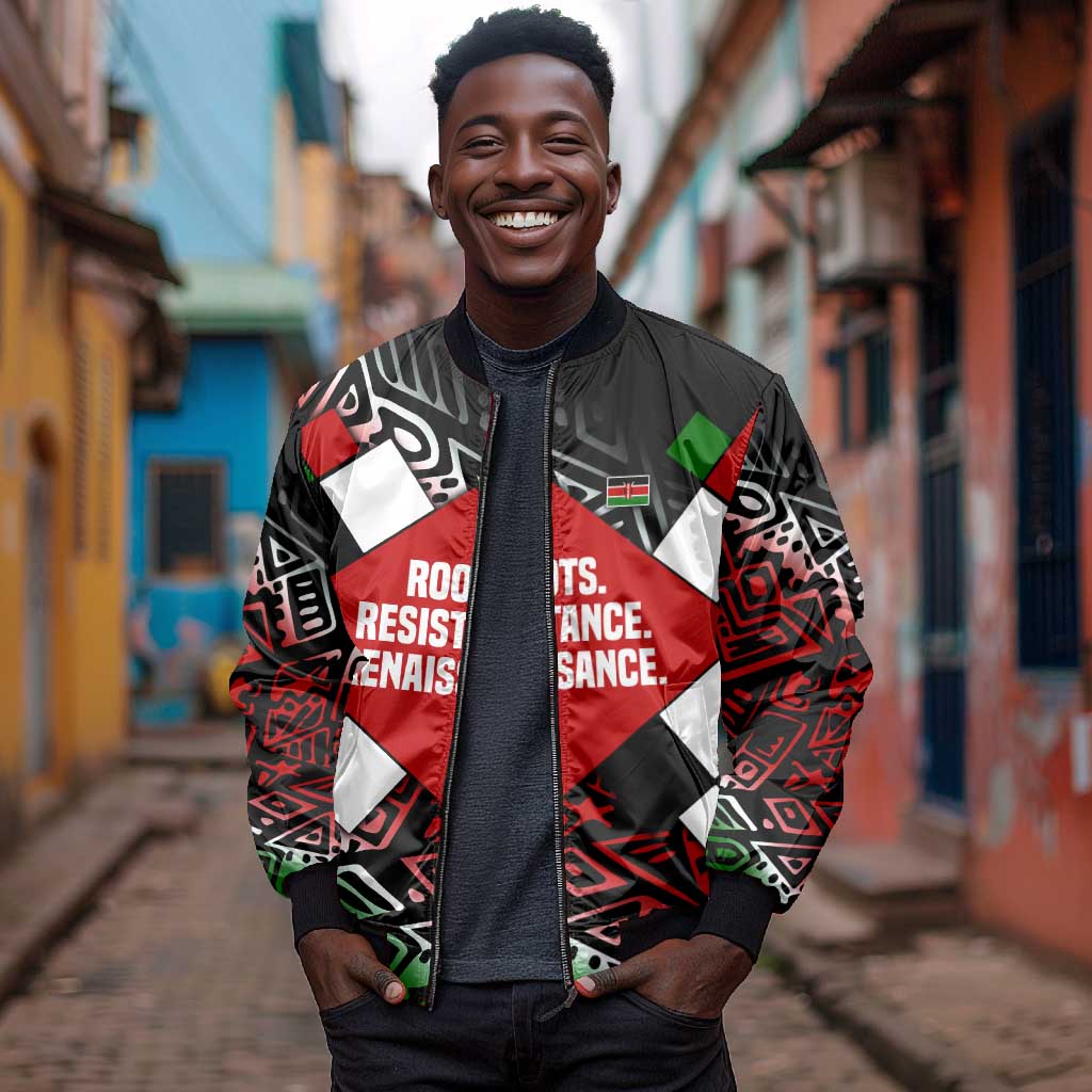 Jomo Kenyatta Bomber Jacket with Roots Resistance Renaissance and Kenyan Patchwork Pattern Tribute - African Pride