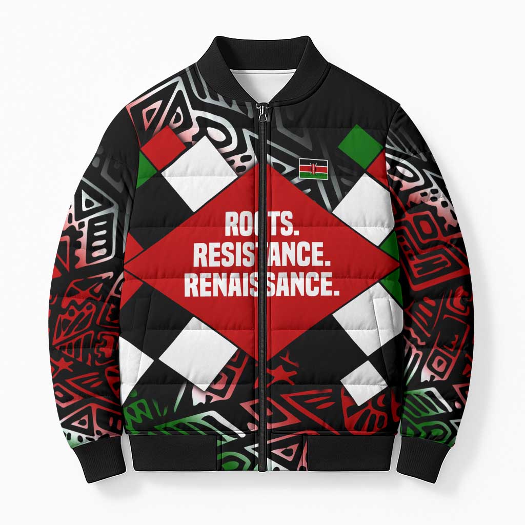 Jomo Kenyatta Bomber Puffer Jacket with Roots Resistance Renaissance and Kenyan Patchwork Pattern Tribute - African Pride