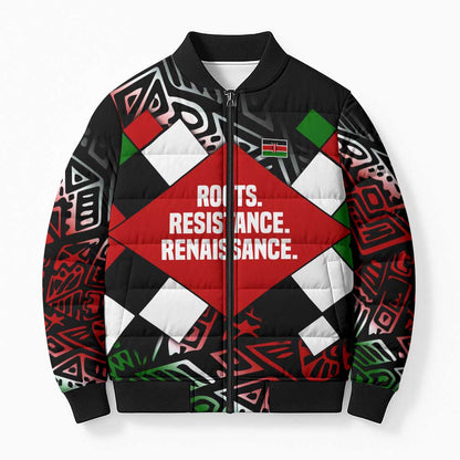 Jomo Kenyatta Bomber Puffer Jacket with Roots Resistance Renaissance and Kenyan Patchwork Pattern Tribute - African Pride