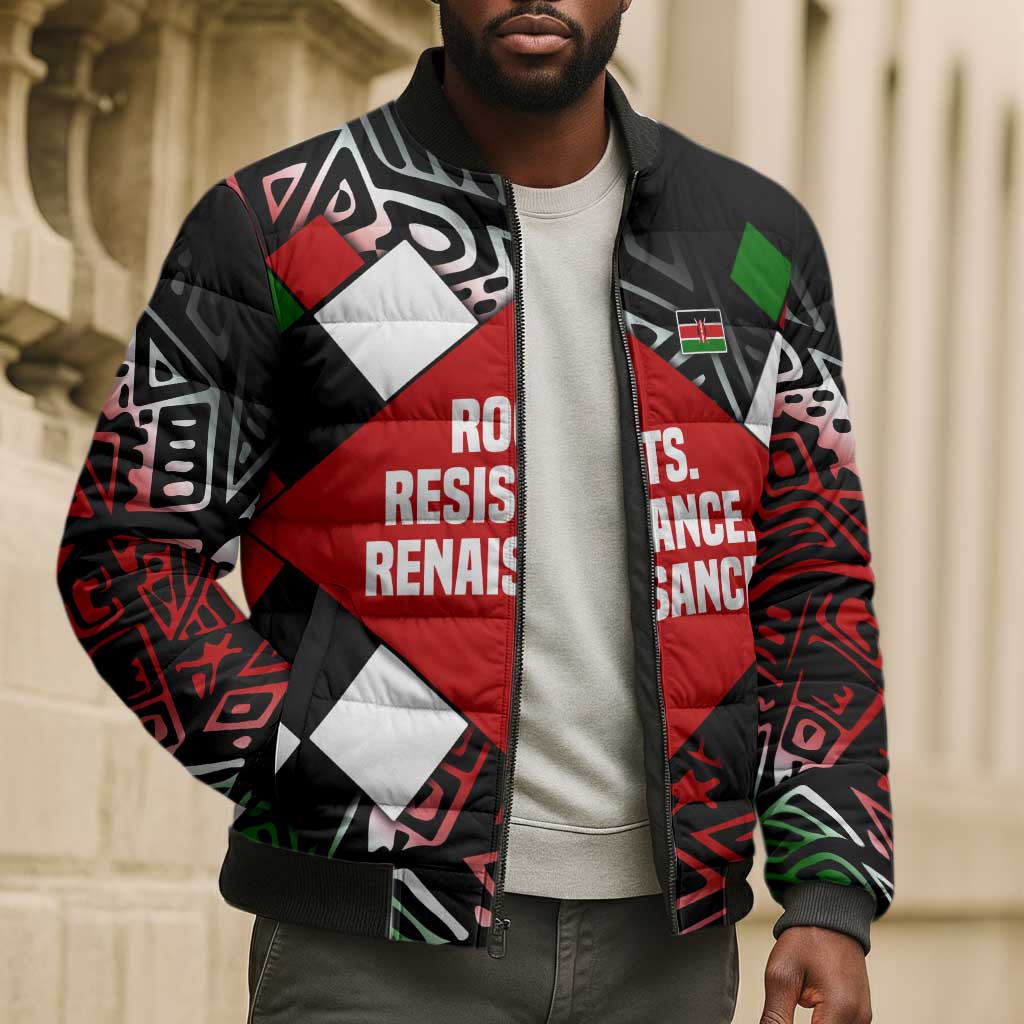 Jomo Kenyatta Bomber Puffer Jacket with Roots Resistance Renaissance and Kenyan Patchwork Pattern Tribute - African Pride