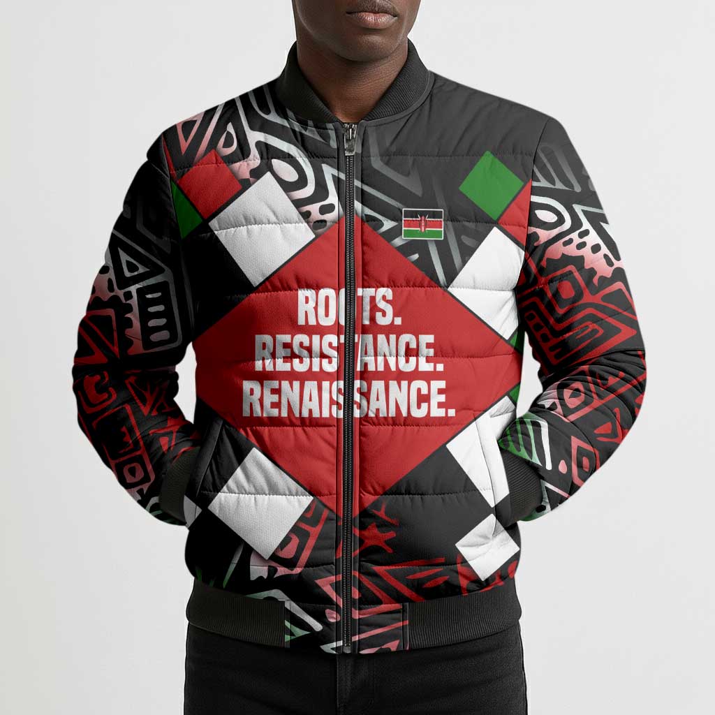 Jomo Kenyatta Bomber Puffer Jacket with Roots Resistance Renaissance and Kenyan Patchwork Pattern Tribute - African Pride