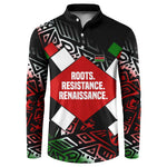 Jomo Kenyatta Button Sweatshirt with Roots Resistance Renaissance and Kenyan Patchwork Pattern Tribute