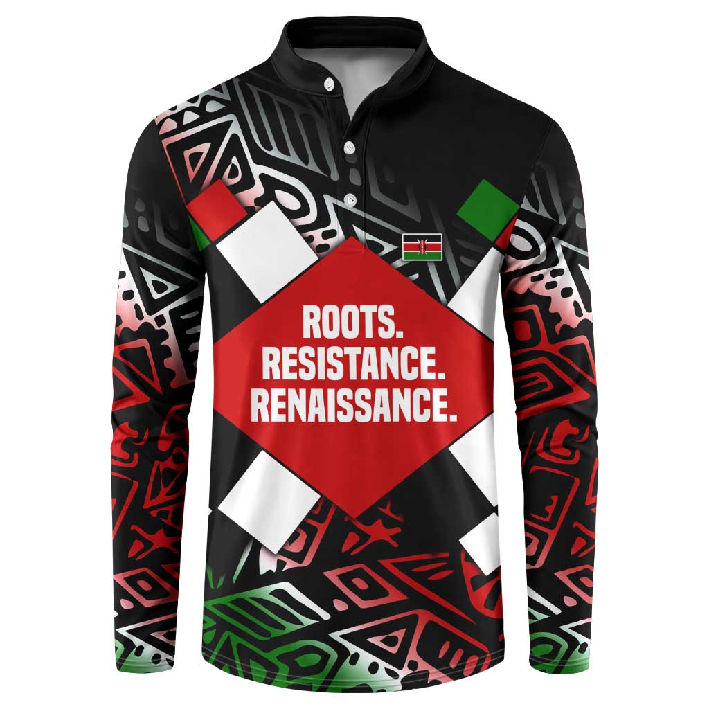 Jomo Kenyatta Button Sweatshirt with Roots Resistance Renaissance and Kenyan Patchwork Pattern Tribute