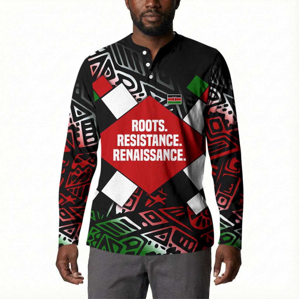 Jomo Kenyatta Button Sweatshirt with Roots Resistance Renaissance and Kenyan Patchwork Pattern Tribute
