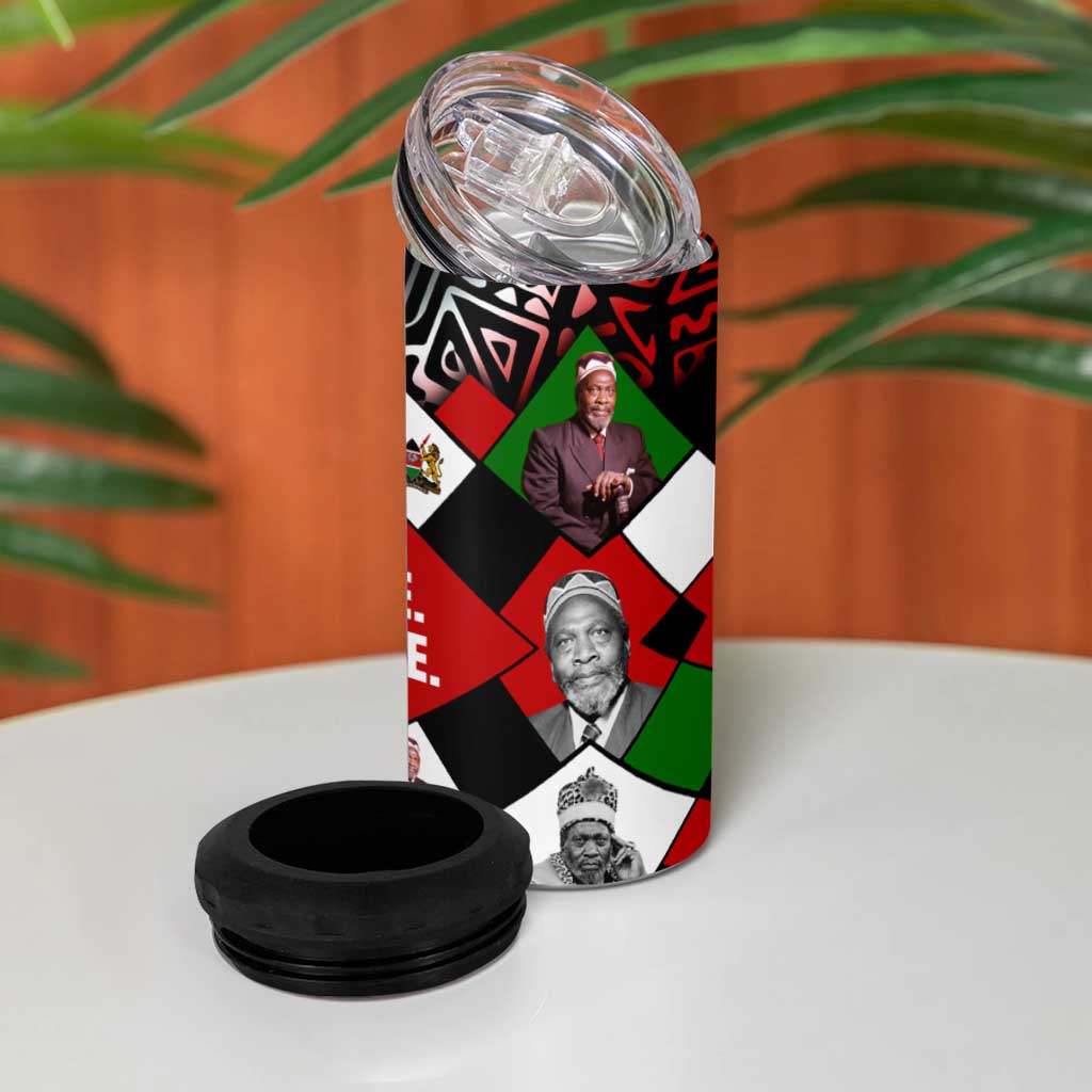 Jomo Kenyatta 4 in 1 Can Cooler Tumbler with Roots Resistance Renaissance and Kenyan Patchwork Pattern Tribute - African Pride
