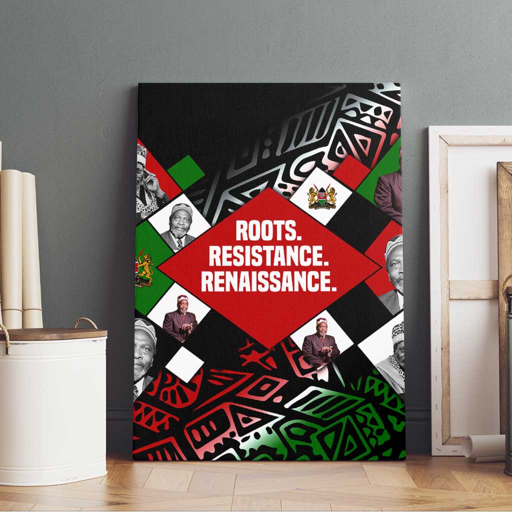 Jomo Kenyatta Canvas Wall Art with Roots Resistance Renaissance and Kenyan Patchwork Pattern Tribute - African Pride