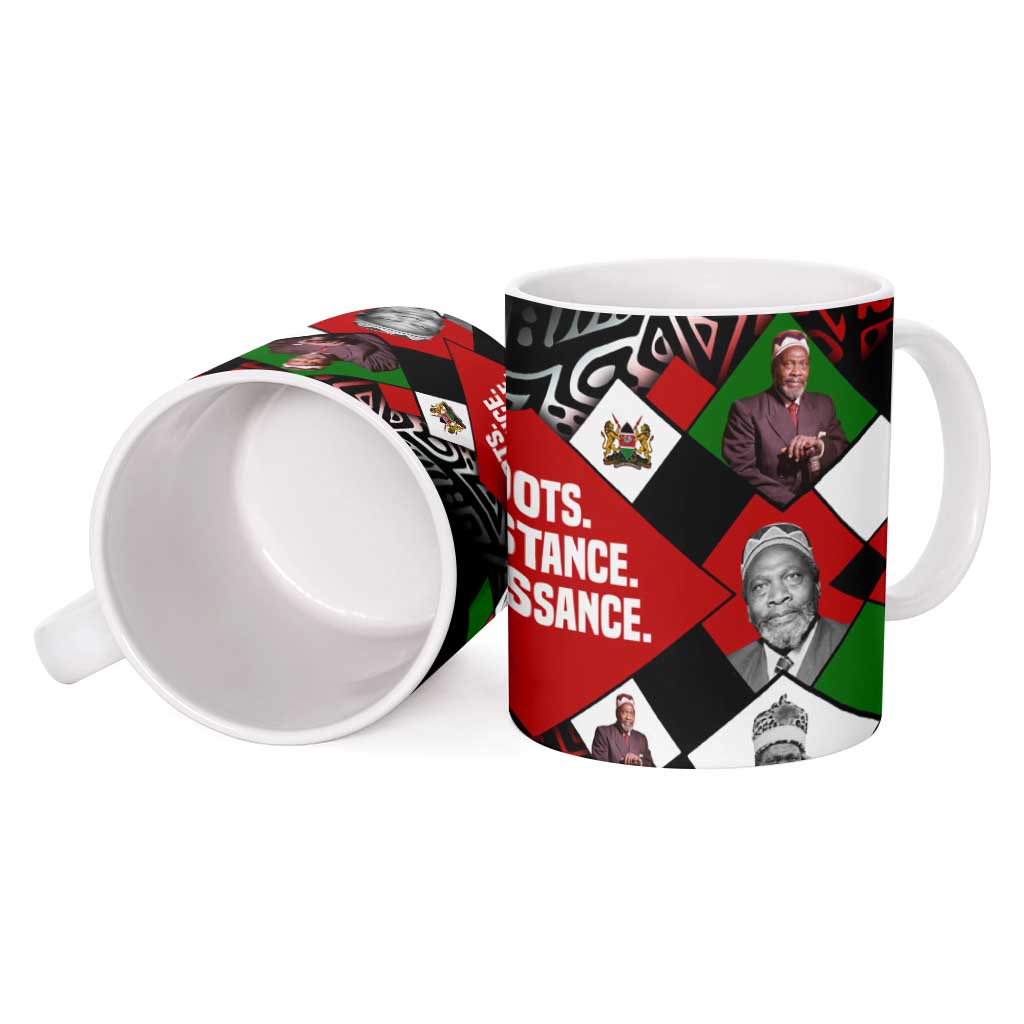 Jomo Kenyatta Ceramic Mug with Roots Resistance Renaissance and Kenyan Patchwork Pattern Tribute - African Pride
