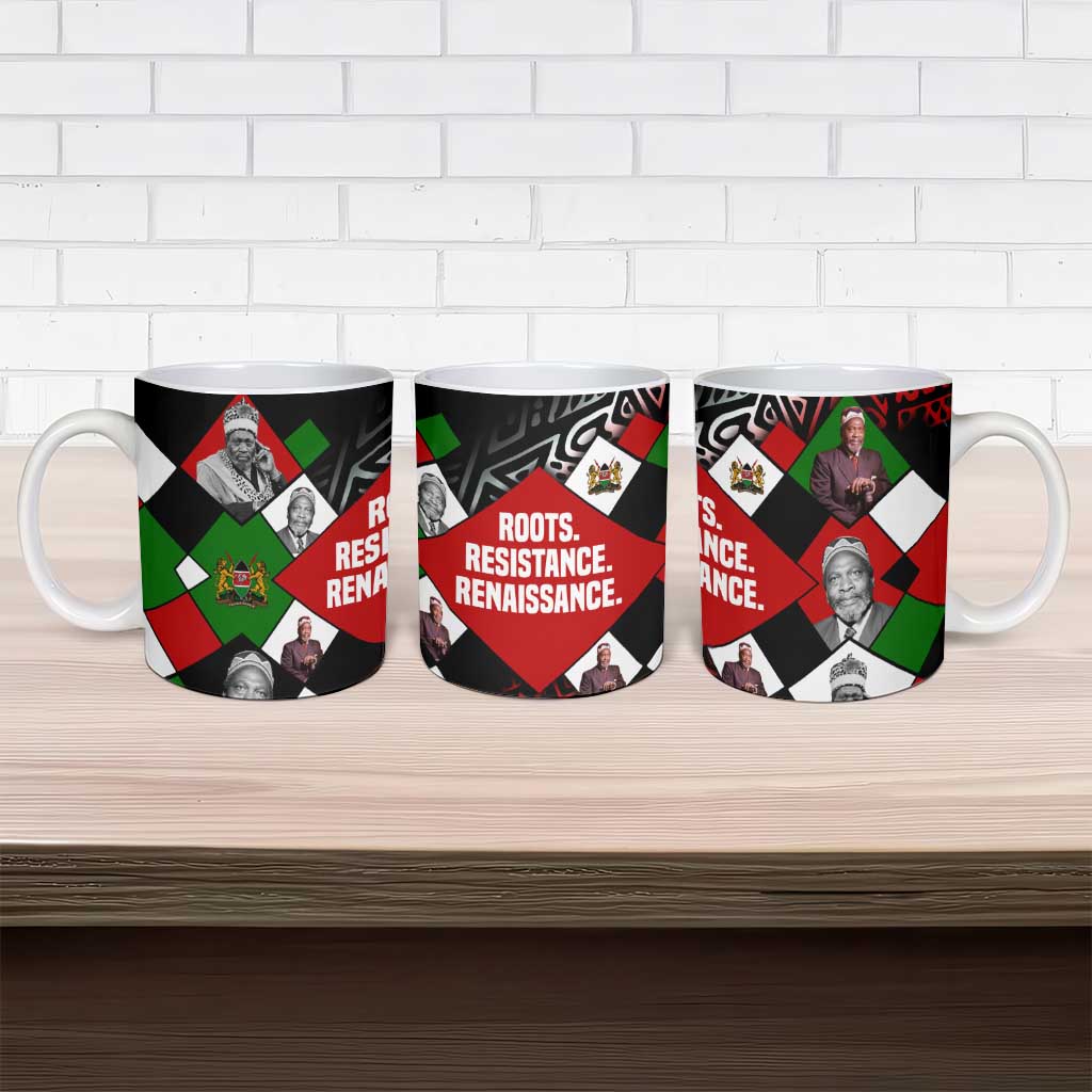 Jomo Kenyatta Ceramic Mug with Roots Resistance Renaissance and Kenyan Patchwork Pattern Tribute - African Pride
