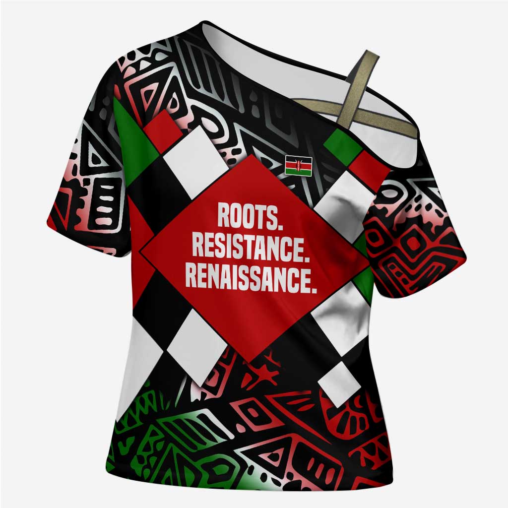 Jomo Kenyatta Cross Shoulder Shirt with Roots Resistance Renaissance and Kenyan Patchwork Pattern Tribute - African Pride