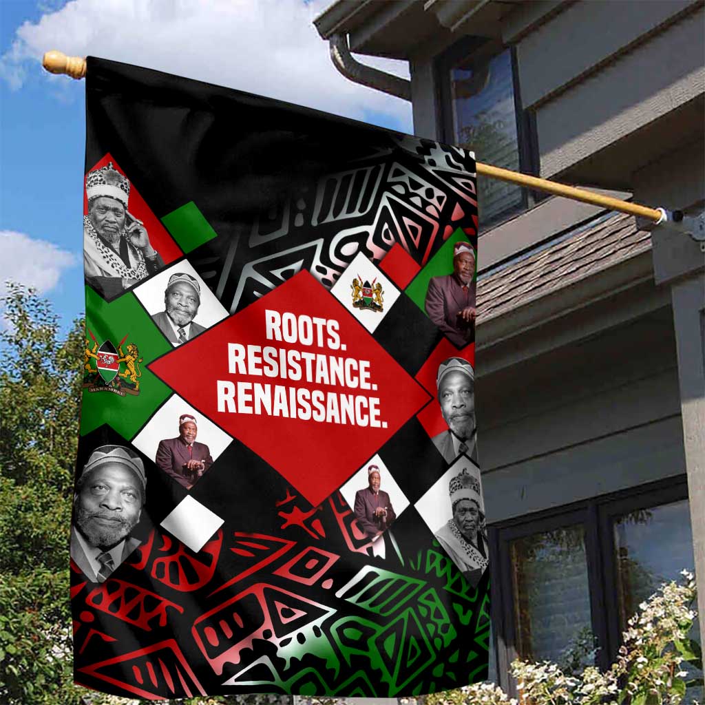 Jomo Kenyatta Garden Flag with Roots Resistance Renaissance and Kenyan Patchwork Pattern Tribute - African Pride