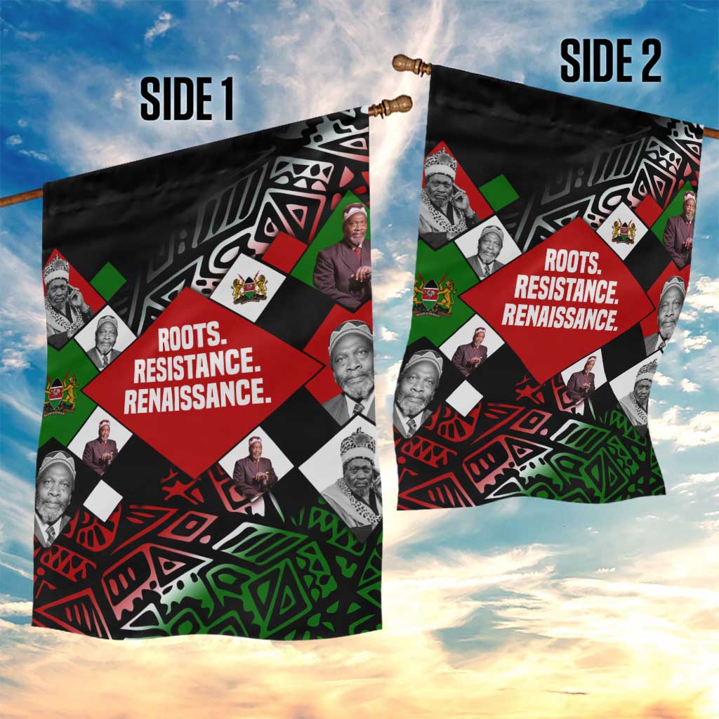 Jomo Kenyatta Garden Flag with Roots Resistance Renaissance and Kenyan Patchwork Pattern Tribute - African Pride