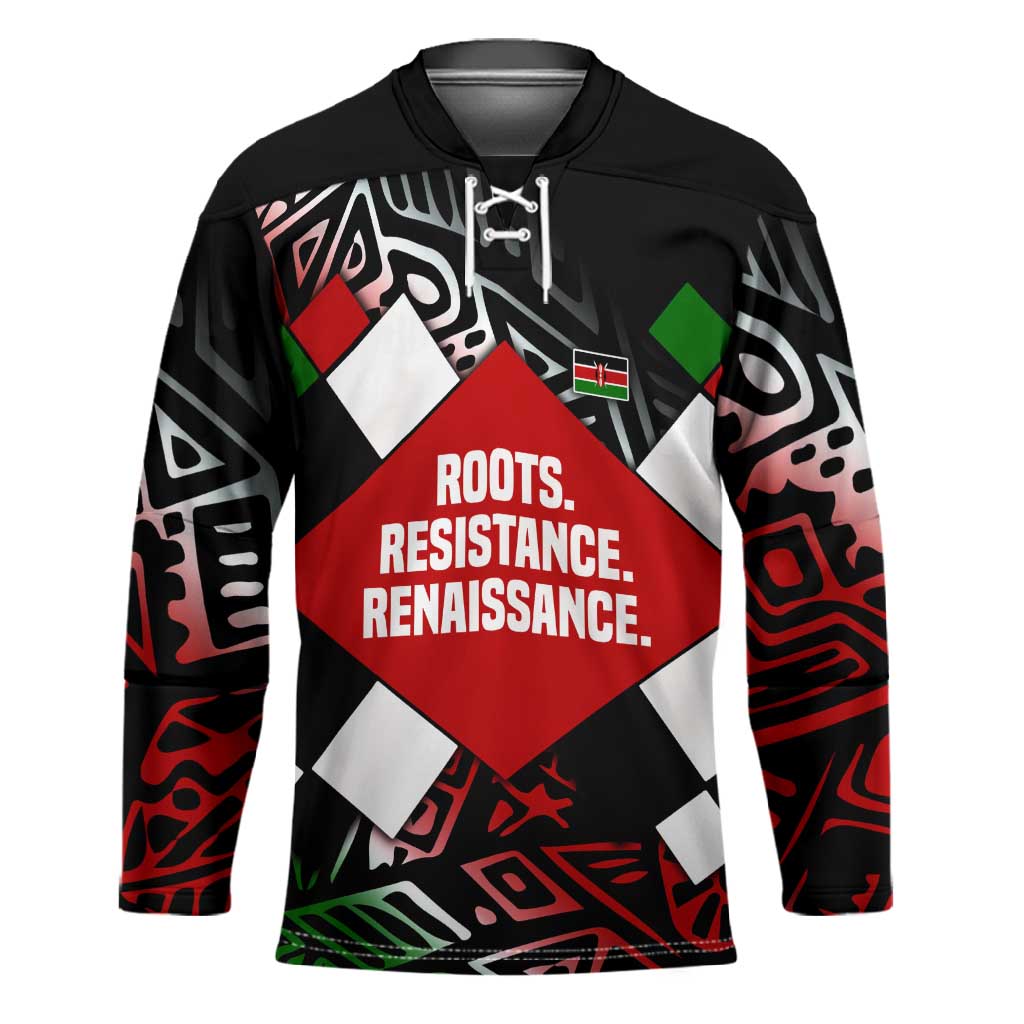 Jomo Kenyatta Hockey Jersey with Roots Resistance Renaissance and Kenyan Patchwork Pattern Tribute - African Pride