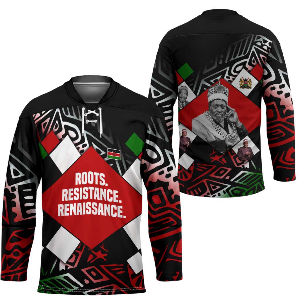 Jomo Kenyatta Hockey Jersey with Roots Resistance Renaissance and Kenyan Patchwork Pattern Tribute - African Pride