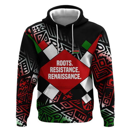 Jomo Kenyatta Hoodie with Roots Resistance Renaissance and Kenyan Patchwork Pattern Tribute - African Pride