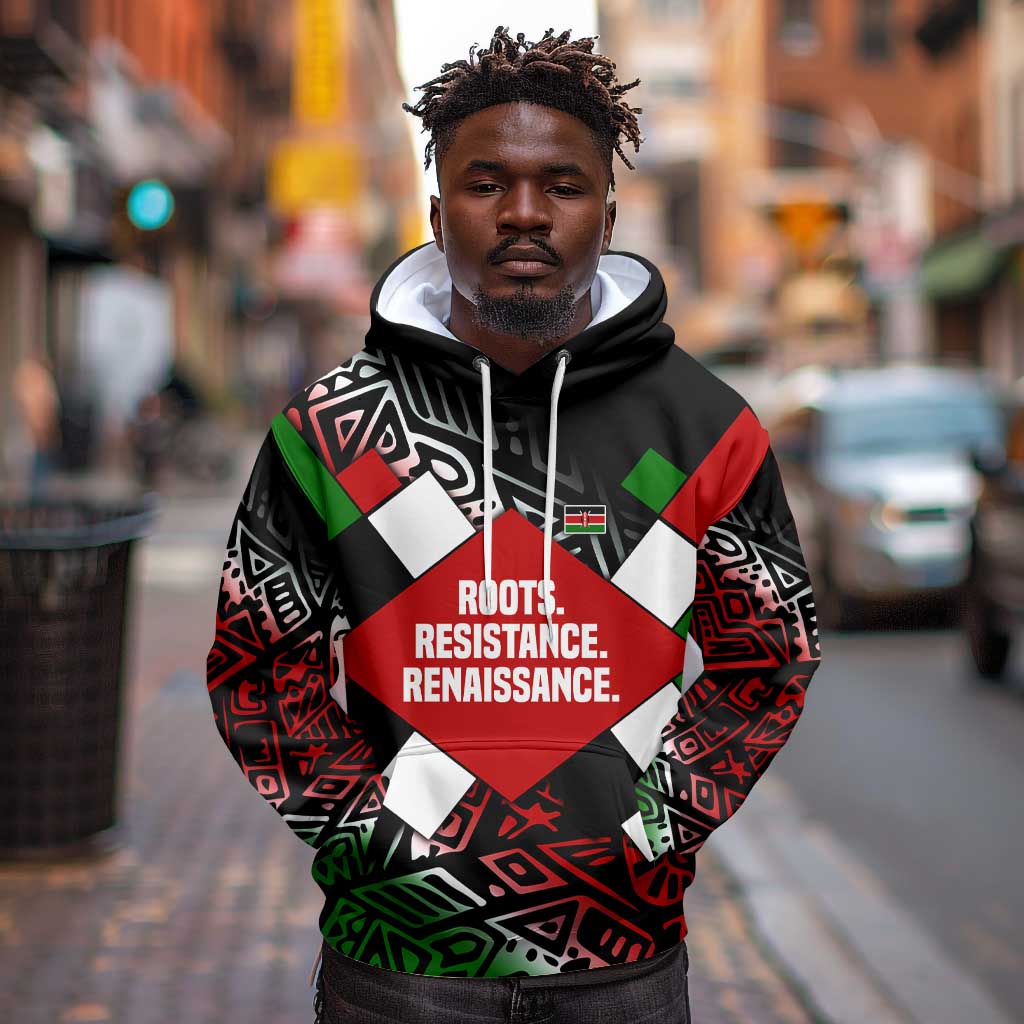 Jomo Kenyatta Hoodie with Roots Resistance Renaissance and Kenyan Patchwork Pattern Tribute - African Pride
