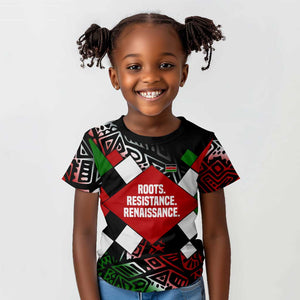 Jomo Kenyatta Kid T shirt with Roots Resistance Renaissance and Kenyan Patchwork Pattern Tribute - African Pride