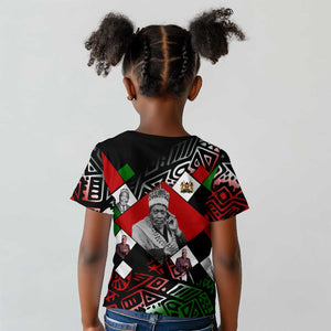 Jomo Kenyatta Kid T shirt with Roots Resistance Renaissance and Kenyan Patchwork Pattern Tribute - African Pride