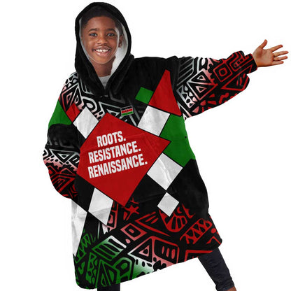 Jomo Kenyatta Kid Wearable Blanket Hoodie with Roots Resistance Renaissance and Kenyan Patchwork Pattern Tribute - African Pride