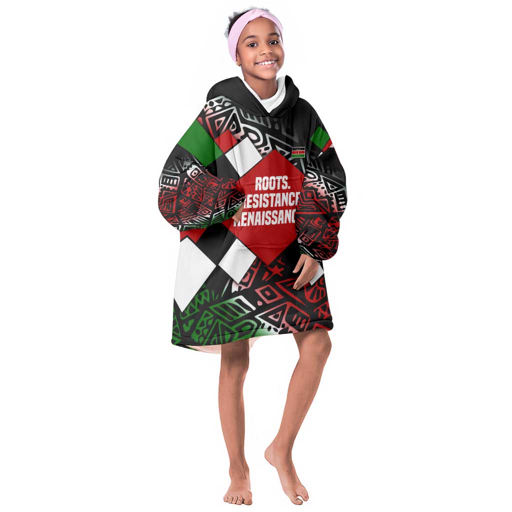 Jomo Kenyatta Kid Wearable Blanket Hoodie with Roots Resistance Renaissance and Kenyan Patchwork Pattern Tribute - African Pride