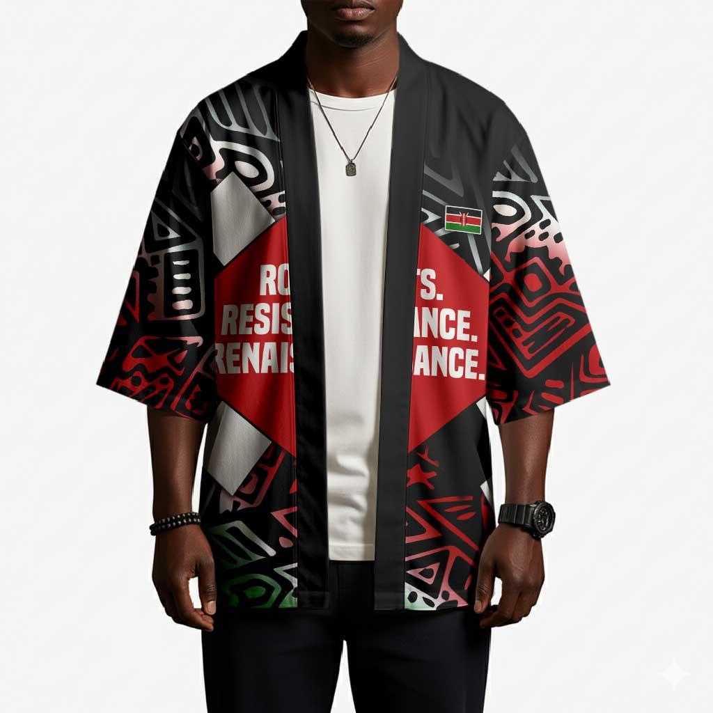 Jomo Kenyatta Kimono with Roots Resistance Renaissance and Kenyan Patchwork Pattern Tribute - African Pride