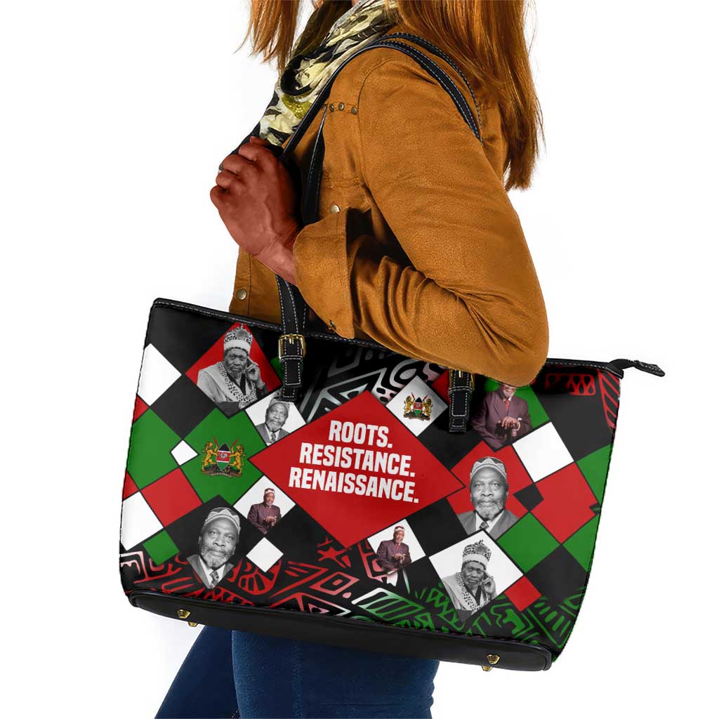 Jomo Kenyatta Leather Tote Bag with Roots Resistance Renaissance and Kenyan Patchwork Pattern Tribute - African Pride