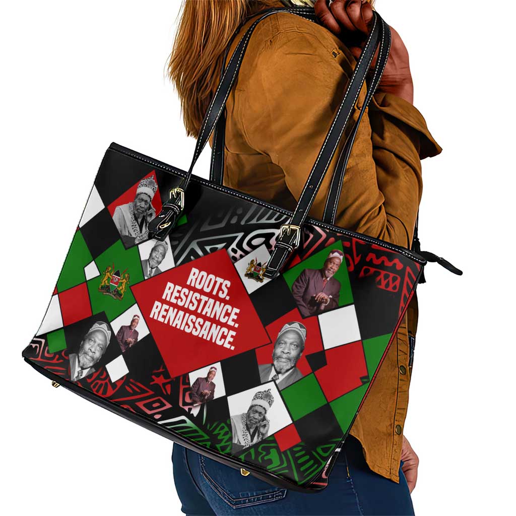 Jomo Kenyatta Leather Tote Bag with Roots Resistance Renaissance and Kenyan Patchwork Pattern Tribute - African Pride