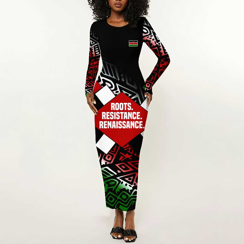 Jomo Kenyatta Long Sleeve Bodycon Dress with Roots Resistance Renaissance and Kenyan Patchwork Pattern Tribute - African Pride
