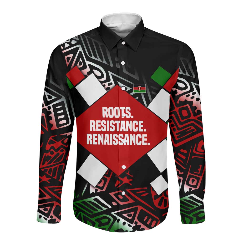 Jomo Kenyatta Long Sleeve Button Shirt with Roots Resistance Renaissance and Kenyan Patchwork Pattern Tribute - African Pride