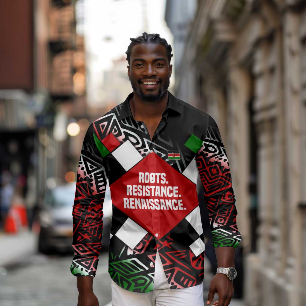 Jomo Kenyatta Long Sleeve Button Shirt with Roots Resistance Renaissance and Kenyan Patchwork Pattern Tribute - African Pride