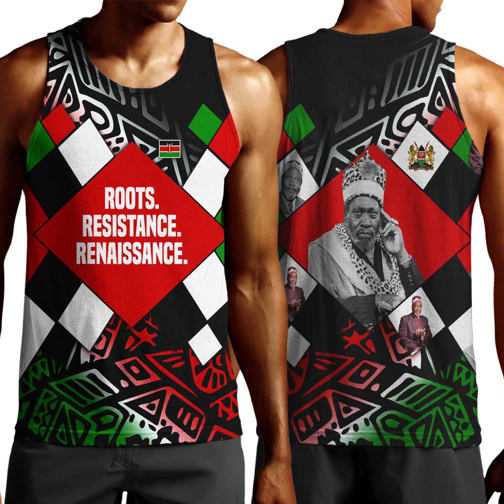 Jomo Kenyatta Men Tank Top with Roots Resistance Renaissance and Kenyan Patchwork Pattern Tribute - African Pride