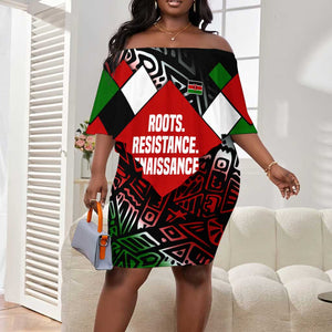 Jomo Kenyatta Off Shoulder Short Dress with Roots Resistance Renaissance and Kenyan Patchwork Pattern Tribute - African Pride