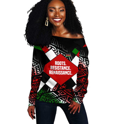 Jomo Kenyatta Off Shoulder Sweater with Roots Resistance Renaissance and Kenyan Patchwork Pattern Tribute - African Pride