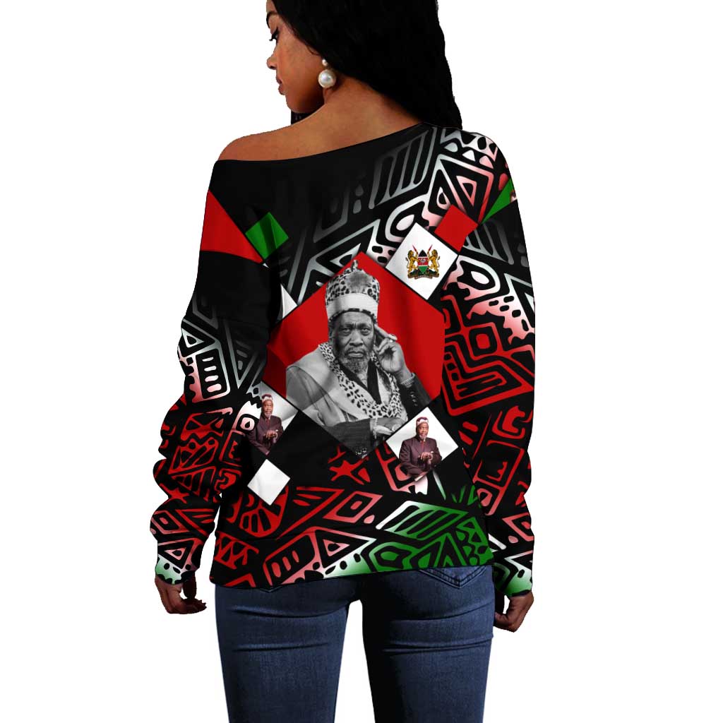 Jomo Kenyatta Off Shoulder Sweater with Roots Resistance Renaissance and Kenyan Patchwork Pattern Tribute - African Pride