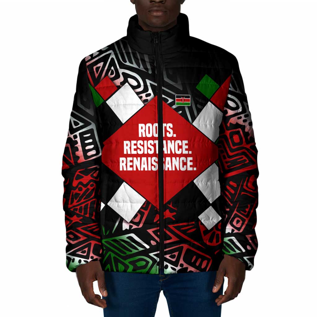 Jomo Kenyatta Padded Jacket with Roots Resistance Renaissance and Kenyan Patchwork Pattern Tribute - African Pride