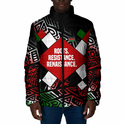Jomo Kenyatta Padded Jacket with Roots Resistance Renaissance and Kenyan Patchwork Pattern Tribute - African Pride