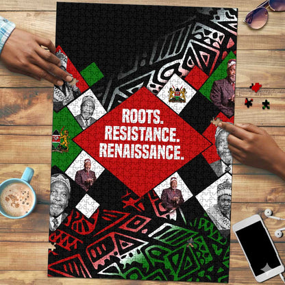 Jomo Kenyatta Puzzle with Roots Resistance Renaissance and Kenyan Patchwork Pattern Tribute - African Pride